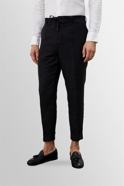 KOALA SYDNEY Men's Black Tie Waist High Waist 100% Linen Trousers