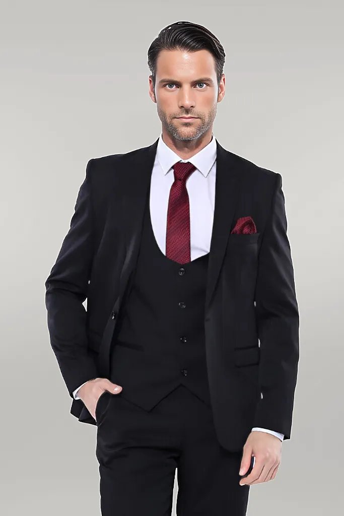 Patterned Black Vested Suit -
