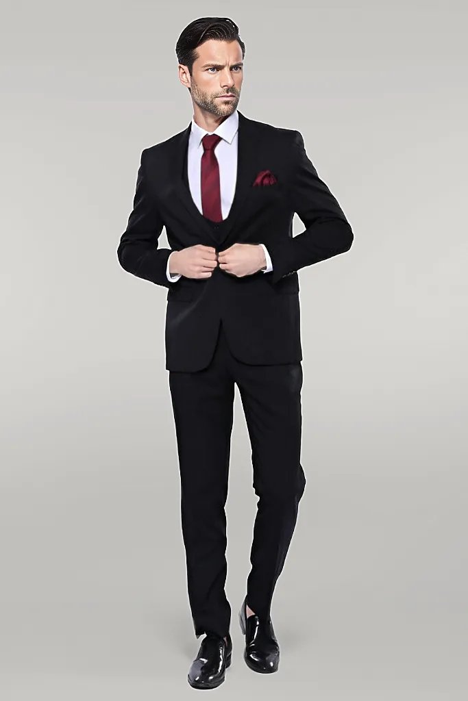 Patterned Black Vested Suit -