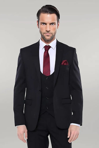 Patterned Black Vested Suit -