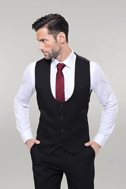 Patterned Black Vested Suit -