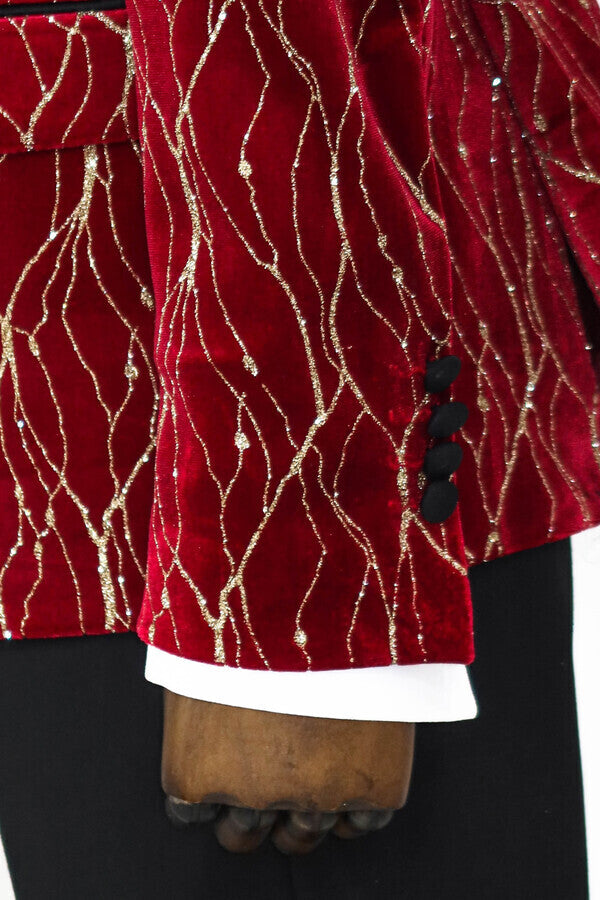 Patterned Burgundy Men Party Tuxedo Blazer - Wessi