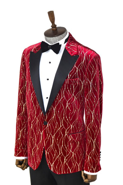 Patterned Burgundy Men Party Tuxedo Blazer - Wessi