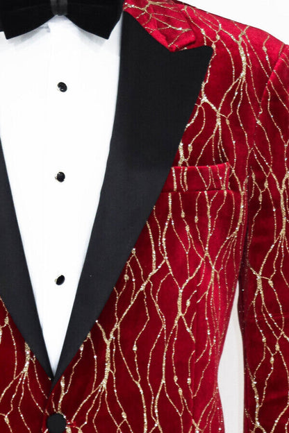 Patterned Burgundy Men Party Tuxedo Blazer - Wessi
