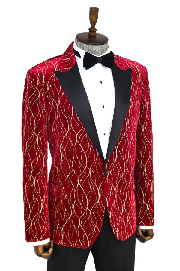 Patterned Burgundy Men Party Tuxedo Blazer - Wessi