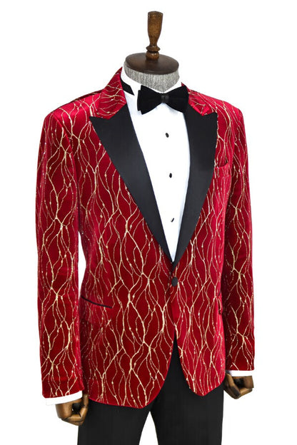 Patterned Burgundy Men Party Tuxedo Blazer - Wessi