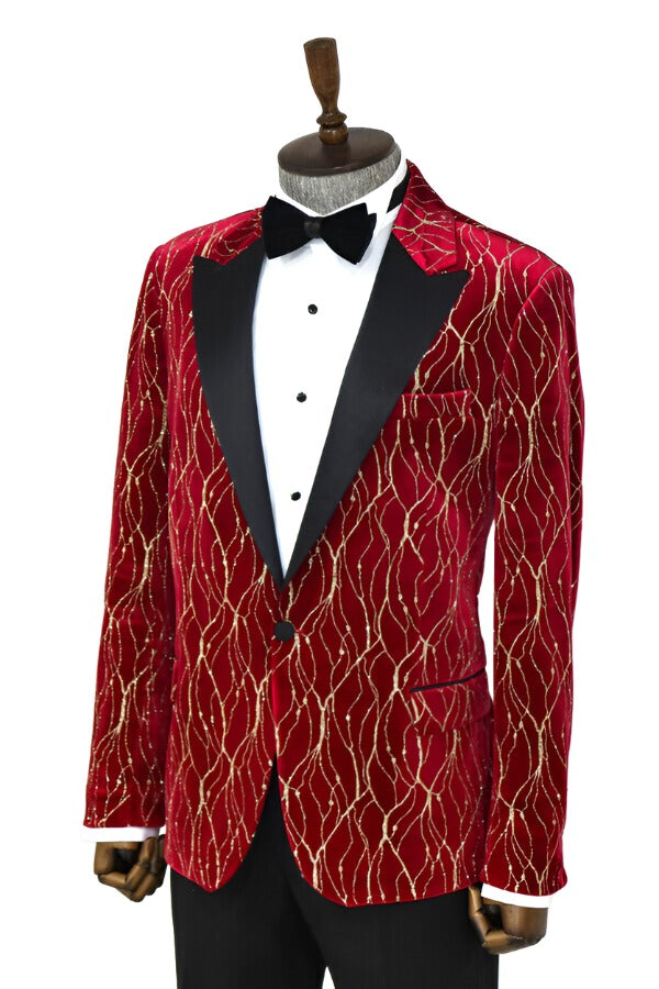 Patterned Burgundy Men Party Tuxedo Blazer - Wessi