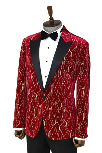 Patterned Burgundy Men Party Tuxedo Blazer - Wessi