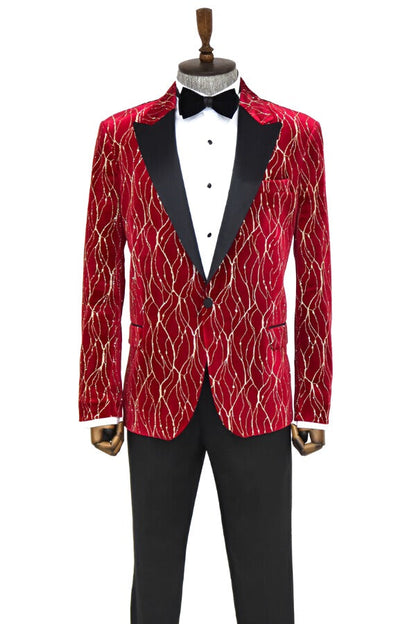 Patterned Burgundy Men Party Tuxedo Blazer - Wessi