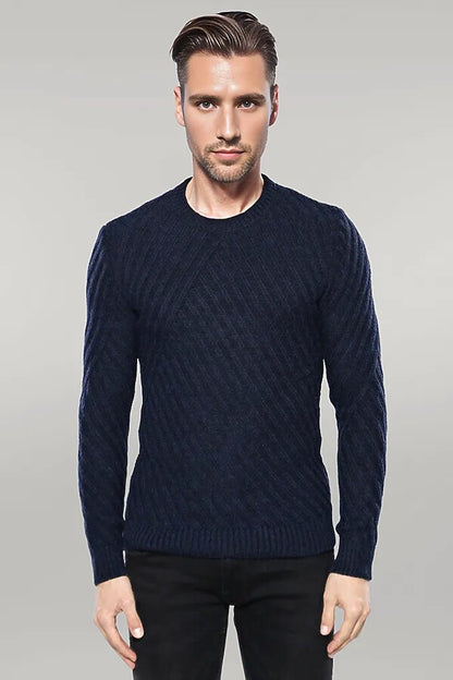 Patterned Circle Neck Navy Sweater