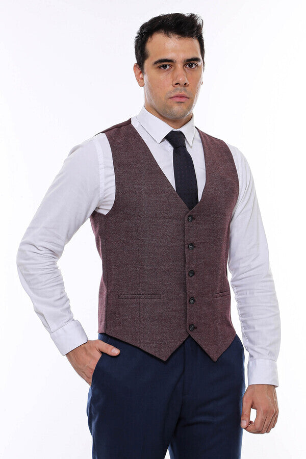 Patterned Dark Brown V Neck Vest