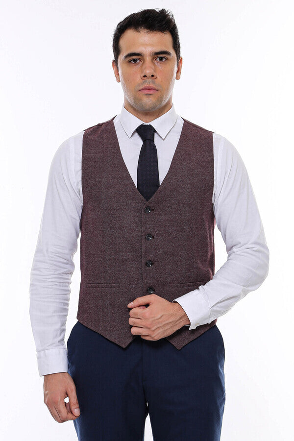 Patterned Dark Brown V Neck Vest