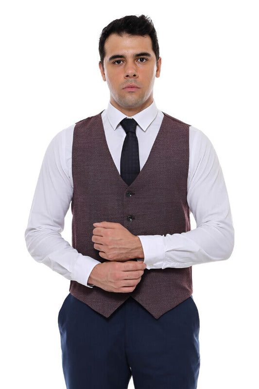 Patterned Dark Brown V Neck Vest