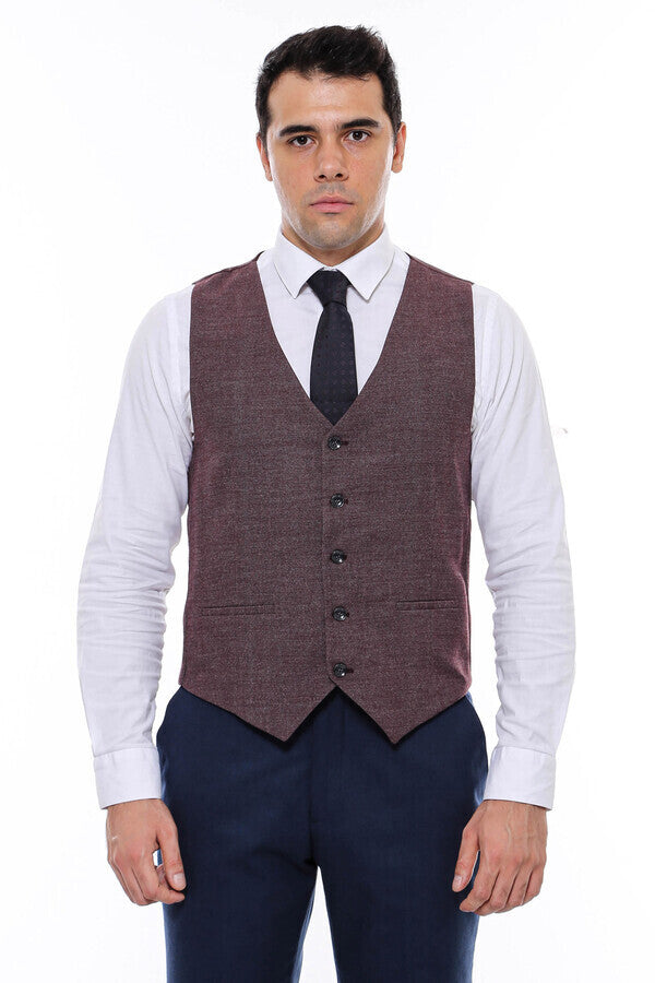 Patterned Dark Brown V Neck Vest