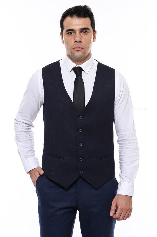 Patterned Navy Blue V Neck Vest