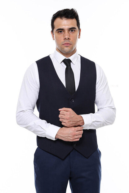 Patterned Navy Blue V Neck Vest