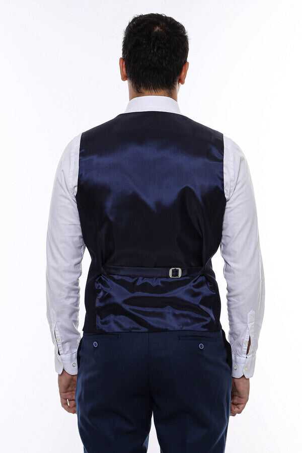 Patterned Navy Blue V Neck Vest