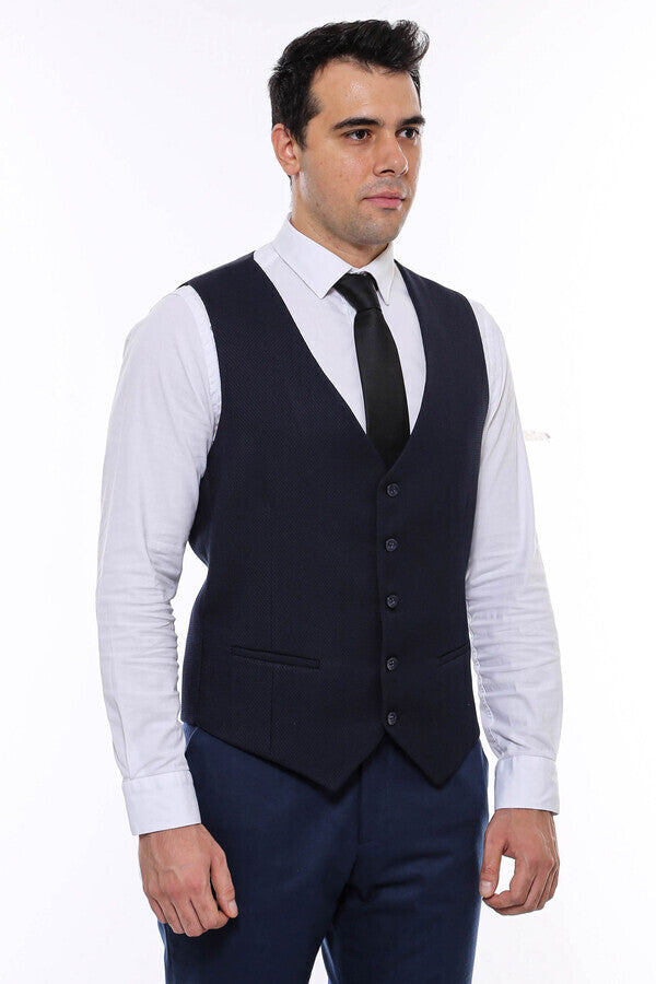 Patterned Navy Blue V Neck Vest