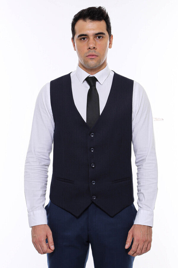 Patterned Navy Blue V Neck Vest