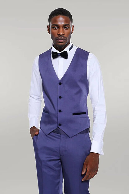 Patterned Navy Blue Velvet Lapel Tuxedo -