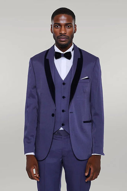 Patterned Navy Blue Velvet Lapel Tuxedo -