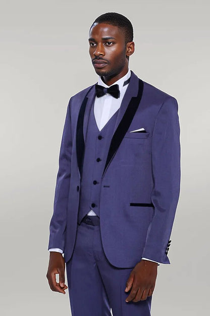Patterned Navy Blue Velvet Lapel Tuxedo -