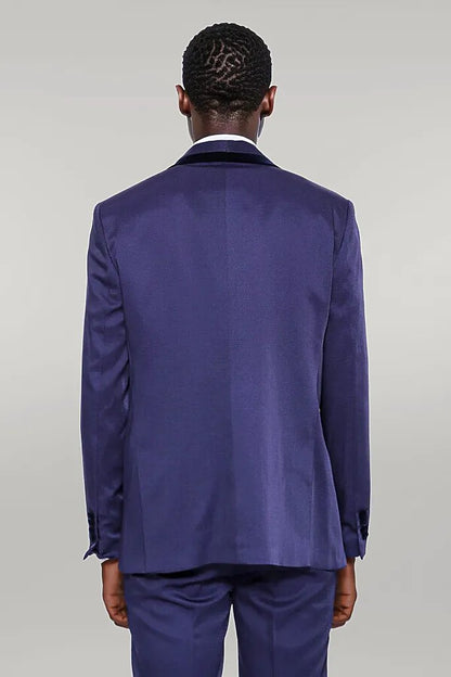 Patterned Navy Blue Velvet Lapel Tuxedo -