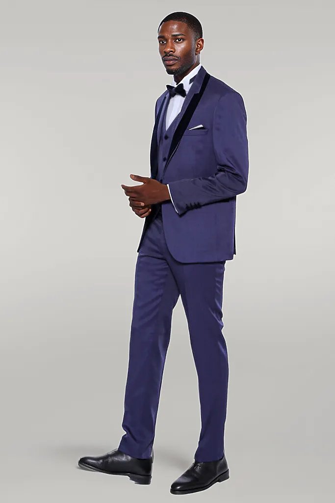Patterned Navy Blue Velvet Lapel Tuxedo -