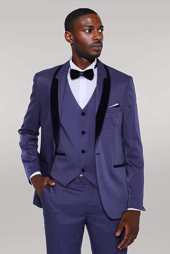 Patterned Navy Blue Velvet Lapel Tuxedo -