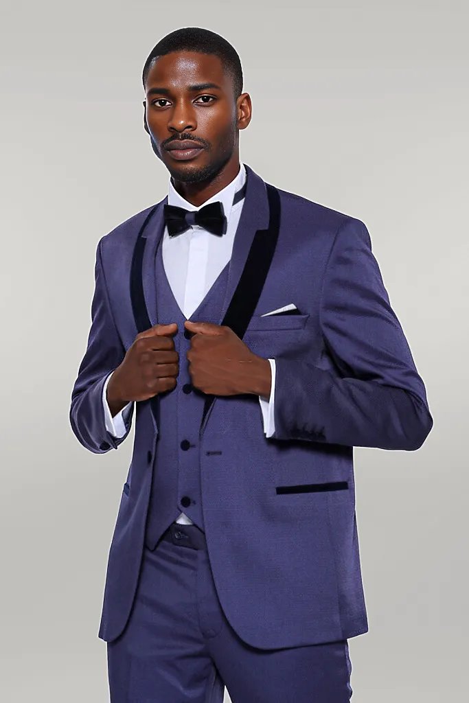 Patterned Navy Blue Velvet Lapel Tuxedo -