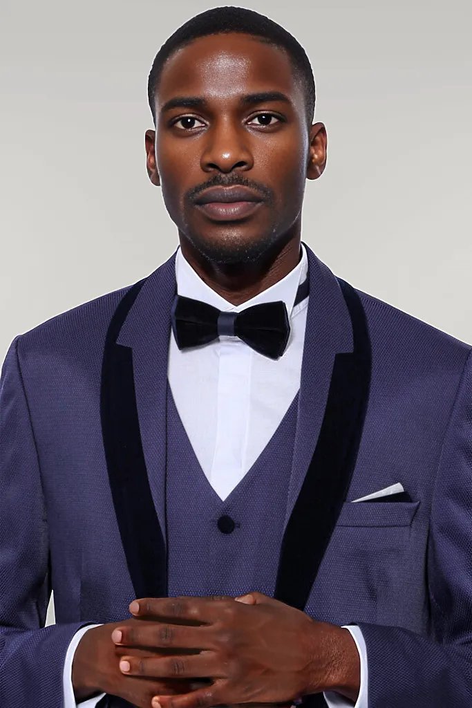Patterned Navy Blue Velvet Lapel Tuxedo -