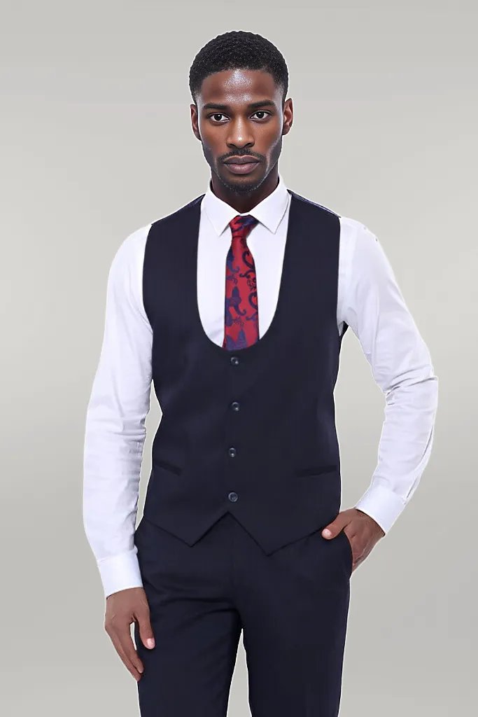 Patterned Navy Blue Vested Suit
