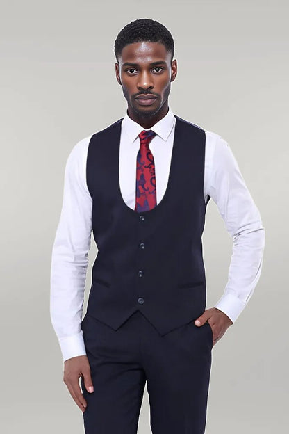 Patterned Navy Blue Vested Suit