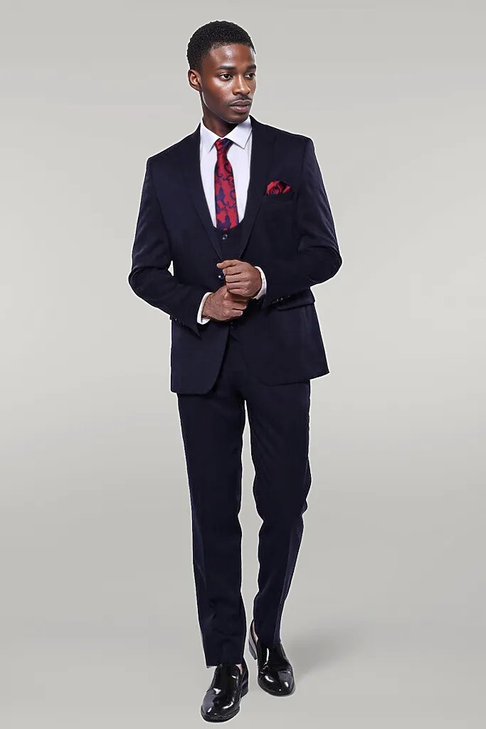 Patterned Navy Blue Vested Suit