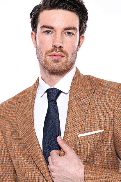 Patterned Orange Slim-Fit Blazer