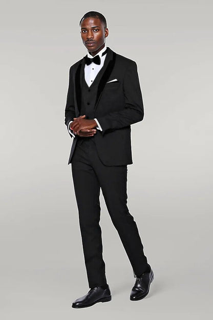 Patterned Velvet Lapel Black Men Tuxedo - Wessi