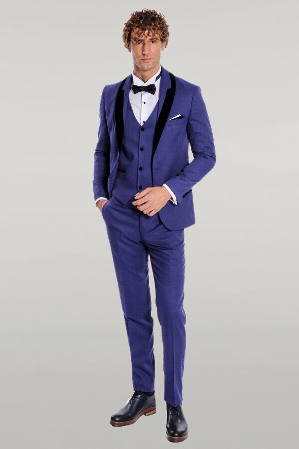 Patterned Velvet Lapel Blue Men Tuxedo - Wessi