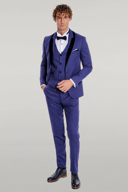 Patterned Velvet Lapel Blue Men Tuxedo - Wessi