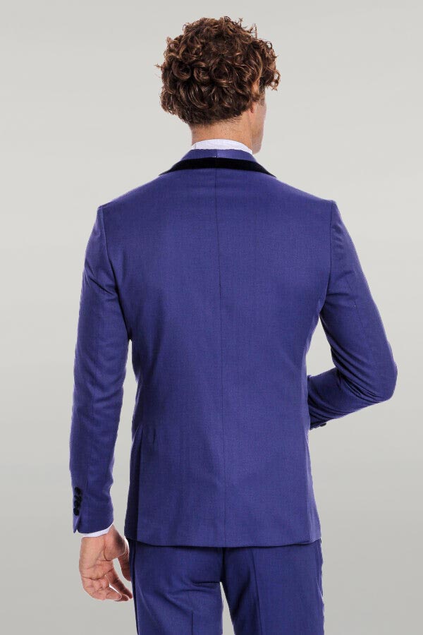Patterned Velvet Lapel Blue Men Tuxedo - Wessi