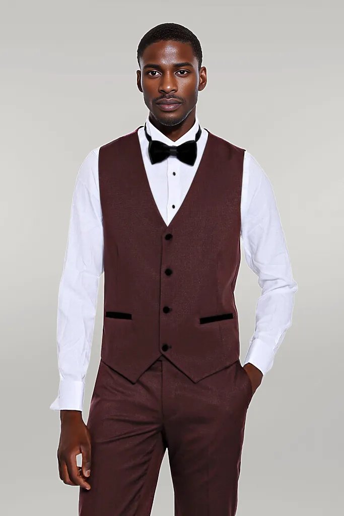 Patterned Velvet Lapel Burgundy Groom Suit -