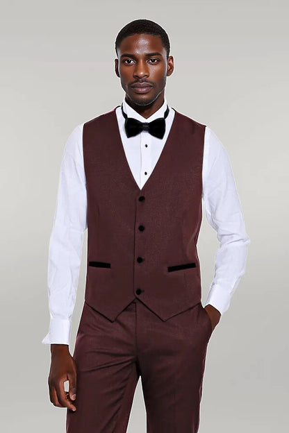 Patterned Velvet Lapel Burgundy Groom Suit -
