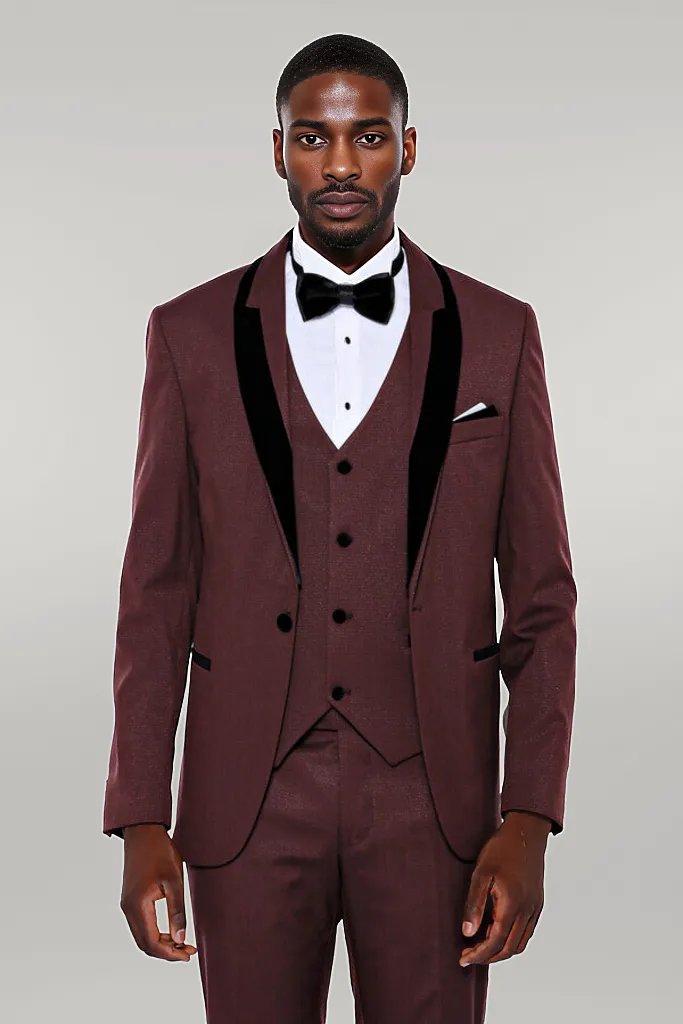 Patterned Velvet Lapel Burgundy Groom Suit -