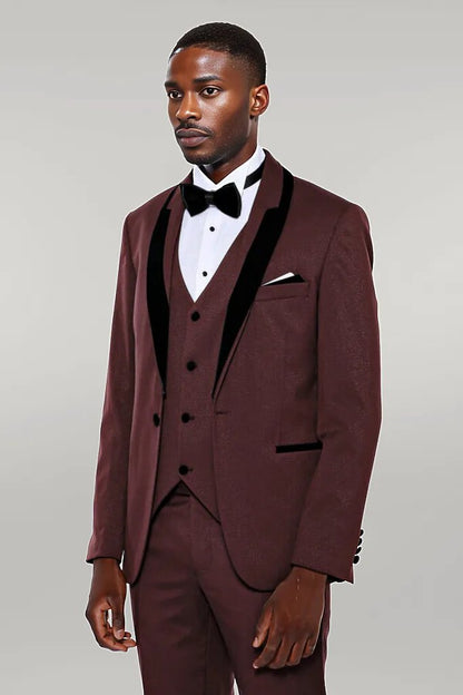 Patterned Velvet Lapel Burgundy Groom Suit -