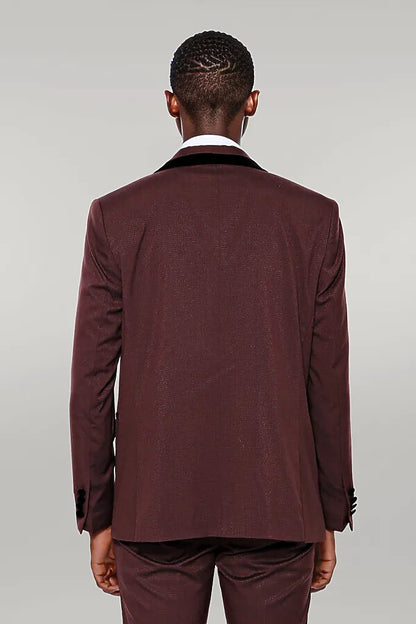 Patterned Velvet Lapel Burgundy Groom Suit -