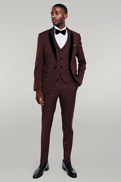 Patterned Velvet Lapel Burgundy Groom Suit -