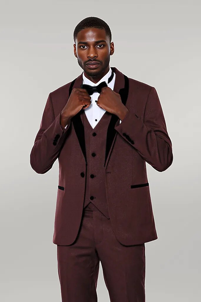 Patterned Velvet Lapel Burgundy Groom Suit -