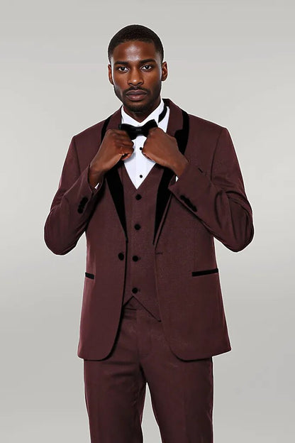 Patterned Velvet Lapel Burgundy Groom Suit -