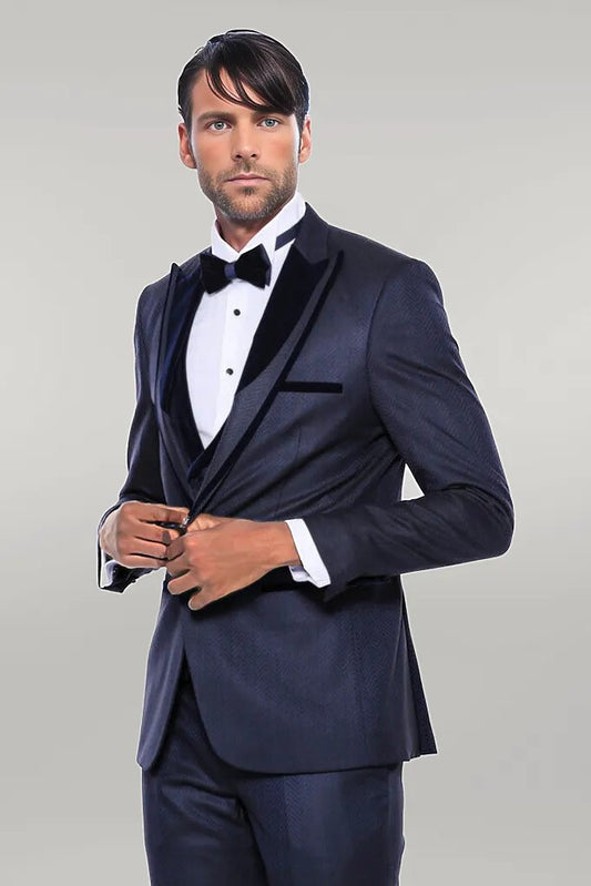 KOALA SYDNEY  Patterned Velvet Lapel Navy Blue Men Tuxedo -