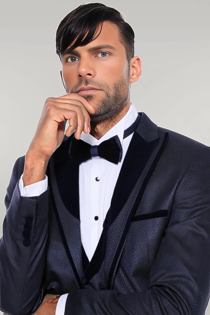 KOALA SYDNEY  Patterned Velvet Lapel Navy Blue Men Tuxedo -