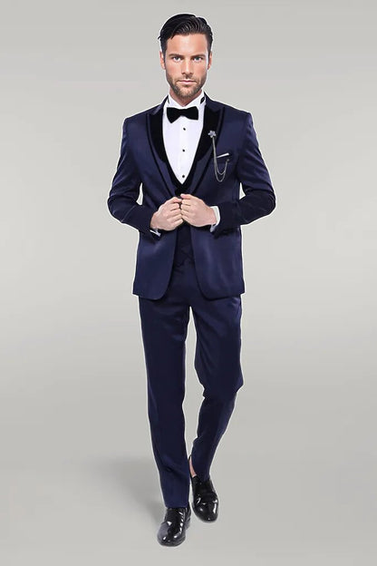 Patterned Velvet Lapel Navy Tuxedo